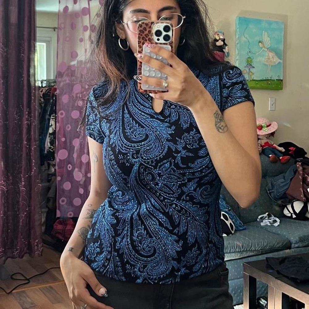 Blue Metallic Paisley Keyhole Top